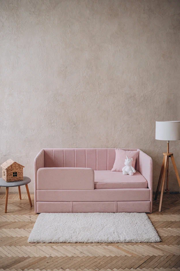 Детский диван-кровать 160*80 см Happy line в полоску розовый с ящиком и защитным бортиком, кровать детская от 3х лет (без матраса)